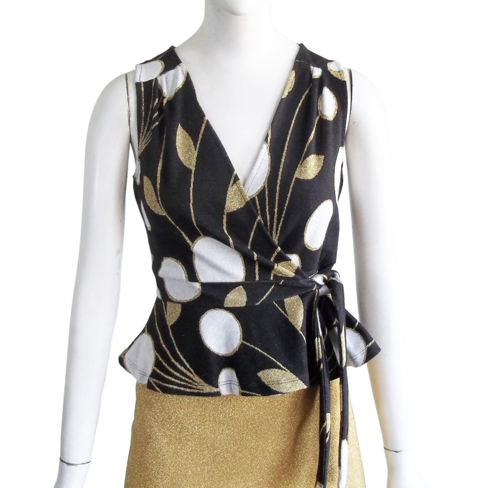 MAEVE Anthropologie Deco Floral w Peplum Gold Sparkle Lurex Wrap Knit Top Sz XS